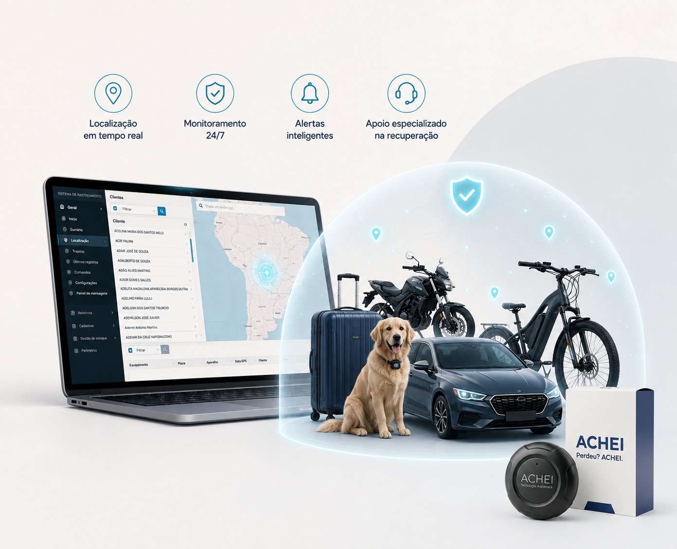 Dispositivo ACHEI e sua embalagem ao lado da plataforma aberta em um computador e dos bens protegidos, com os pilares localização em tempo real, monitoramento 24/7, alertas inteligentes e apoio especializado na recuperação