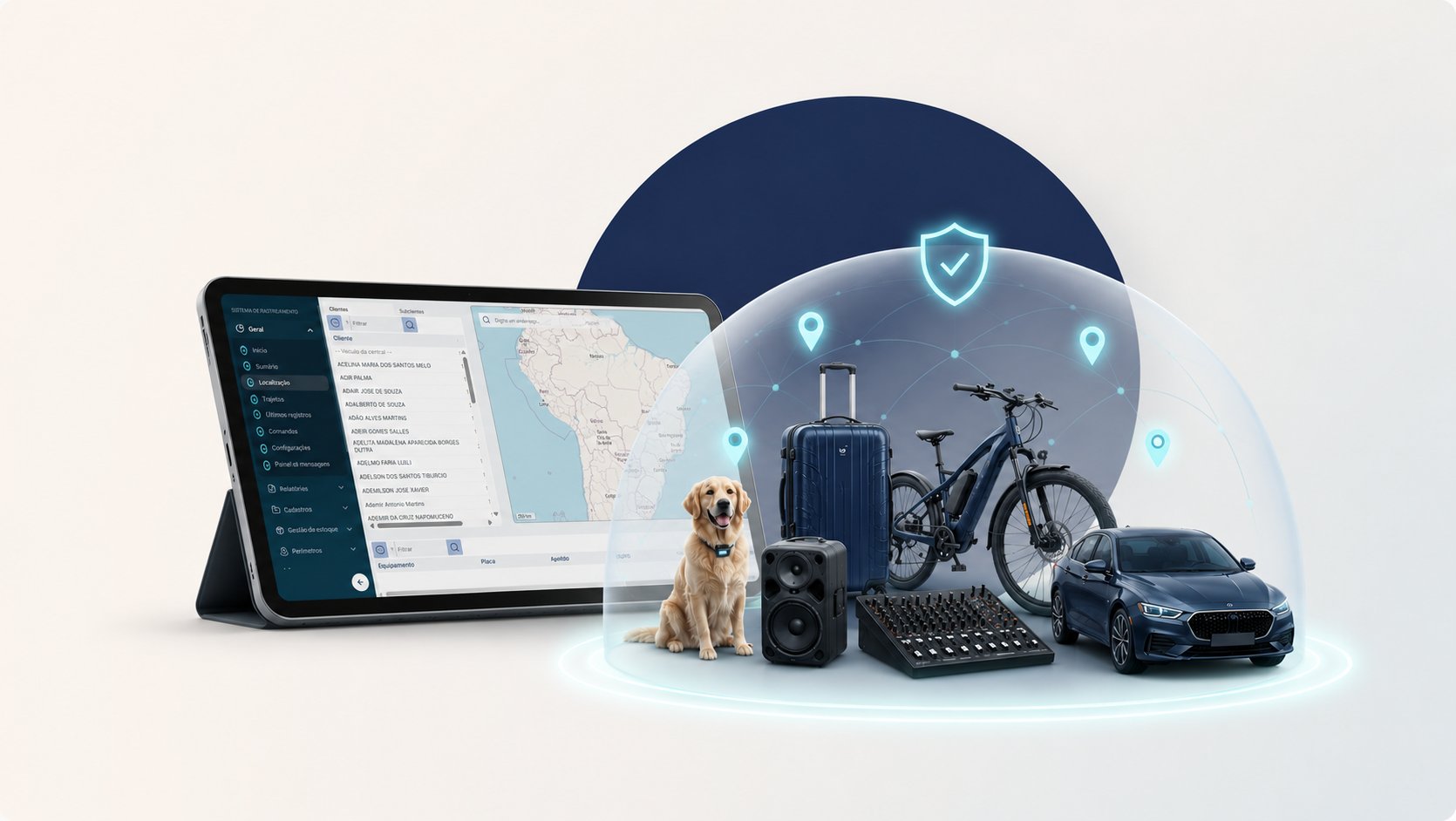 Plataforma ACHEI aberta em um tablet ao lado de bens protegidos: pet, mala, bicicleta elétrica, equipamento de som e carro, com marcadores de localização